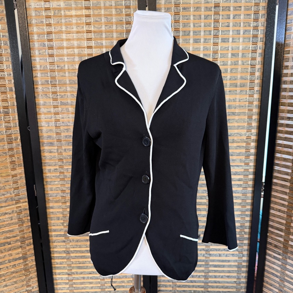 Vertigo Paris Knit Blazer Women Large Black White Piping Cardigan BC04848